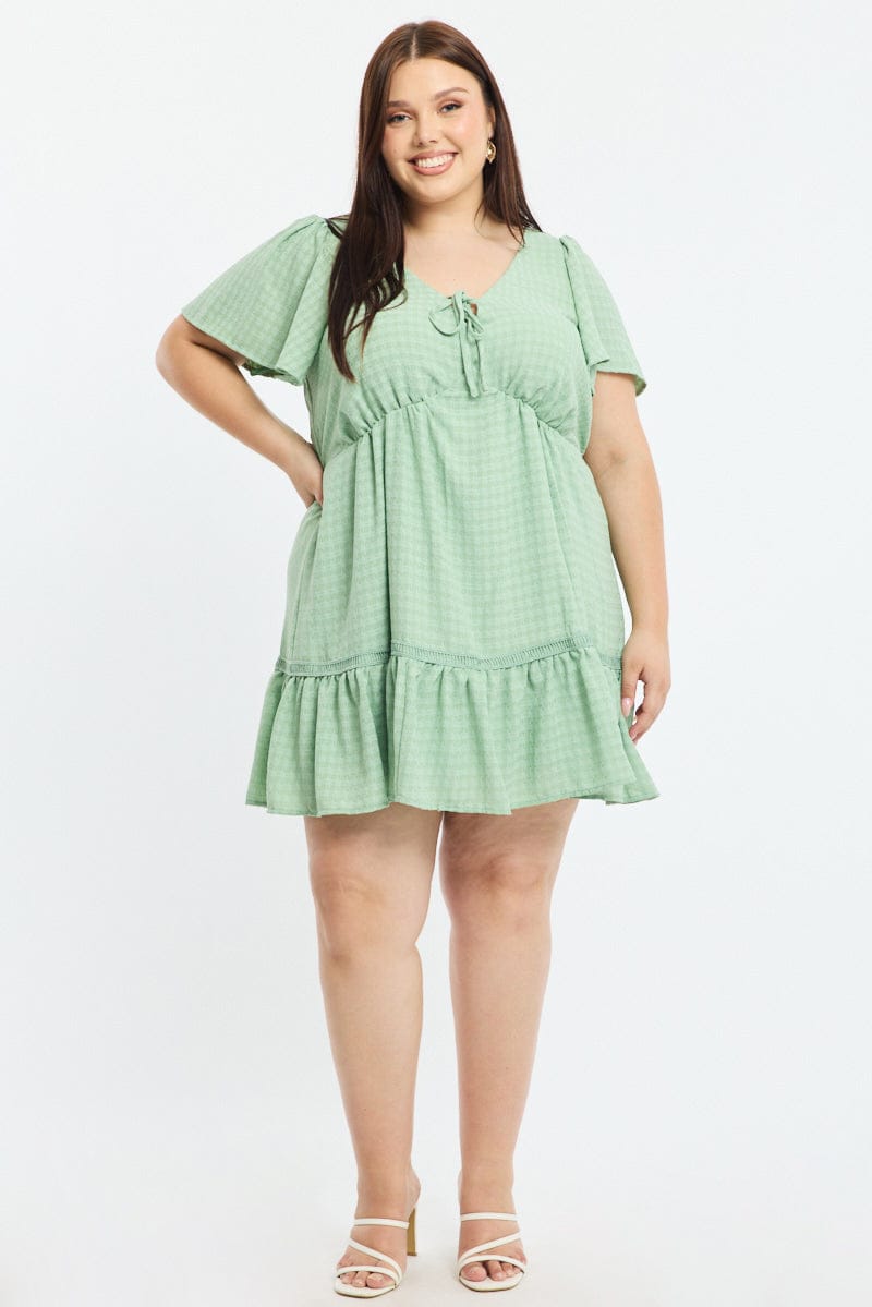 Green Smock Dress Short Sleeve Textured for YouandAll Fashion