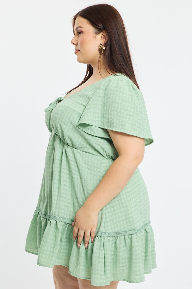 Green Smock Dress Short Sleeve Textured for YouandAll Fashion