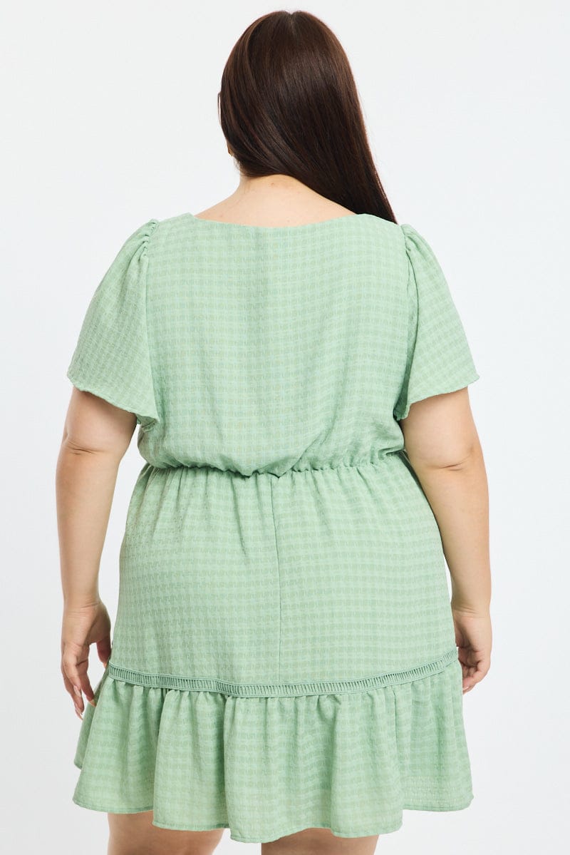 Green Smock Dress Short Sleeve Textured for YouandAll Fashion