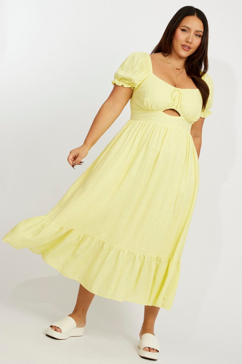 Yellow Midi Dress Short Sleeve Ruched Bust for YouandAll Fashion