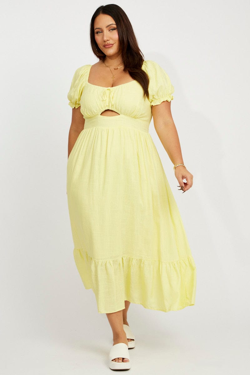 Yellow Midi Dress Short Sleeve Ruched Bust for YouandAll Fashion