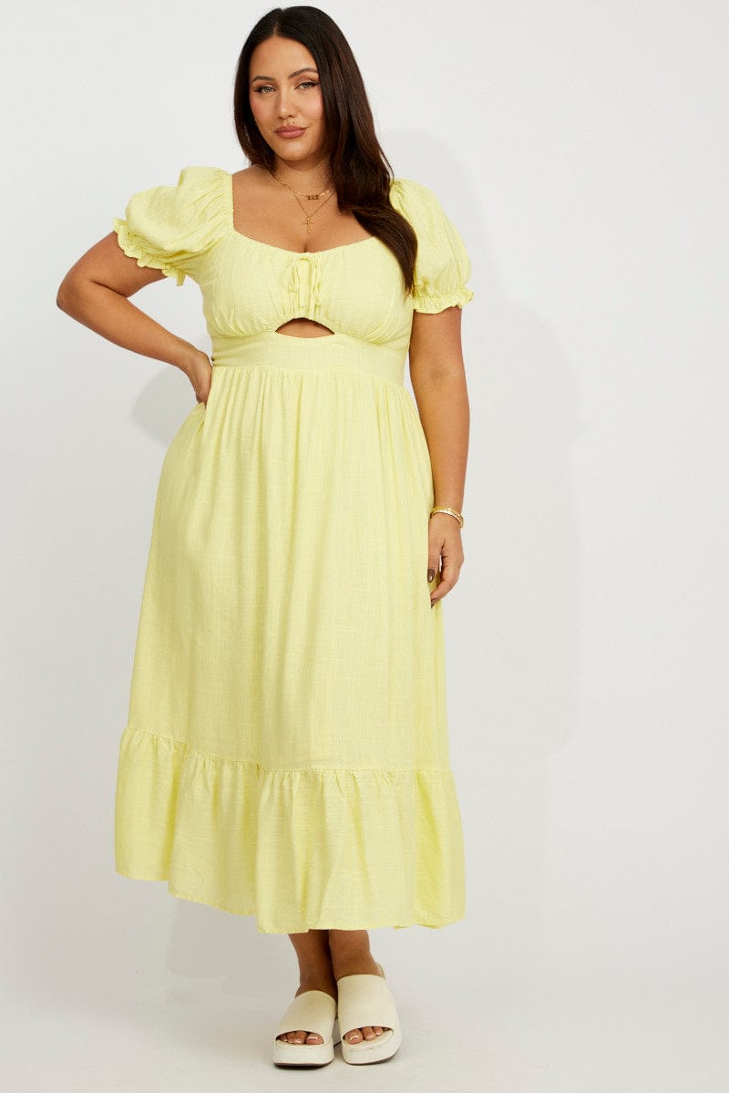 Yellow Midi Dress Short Sleeve Ruched Bust for YouandAll Fashion