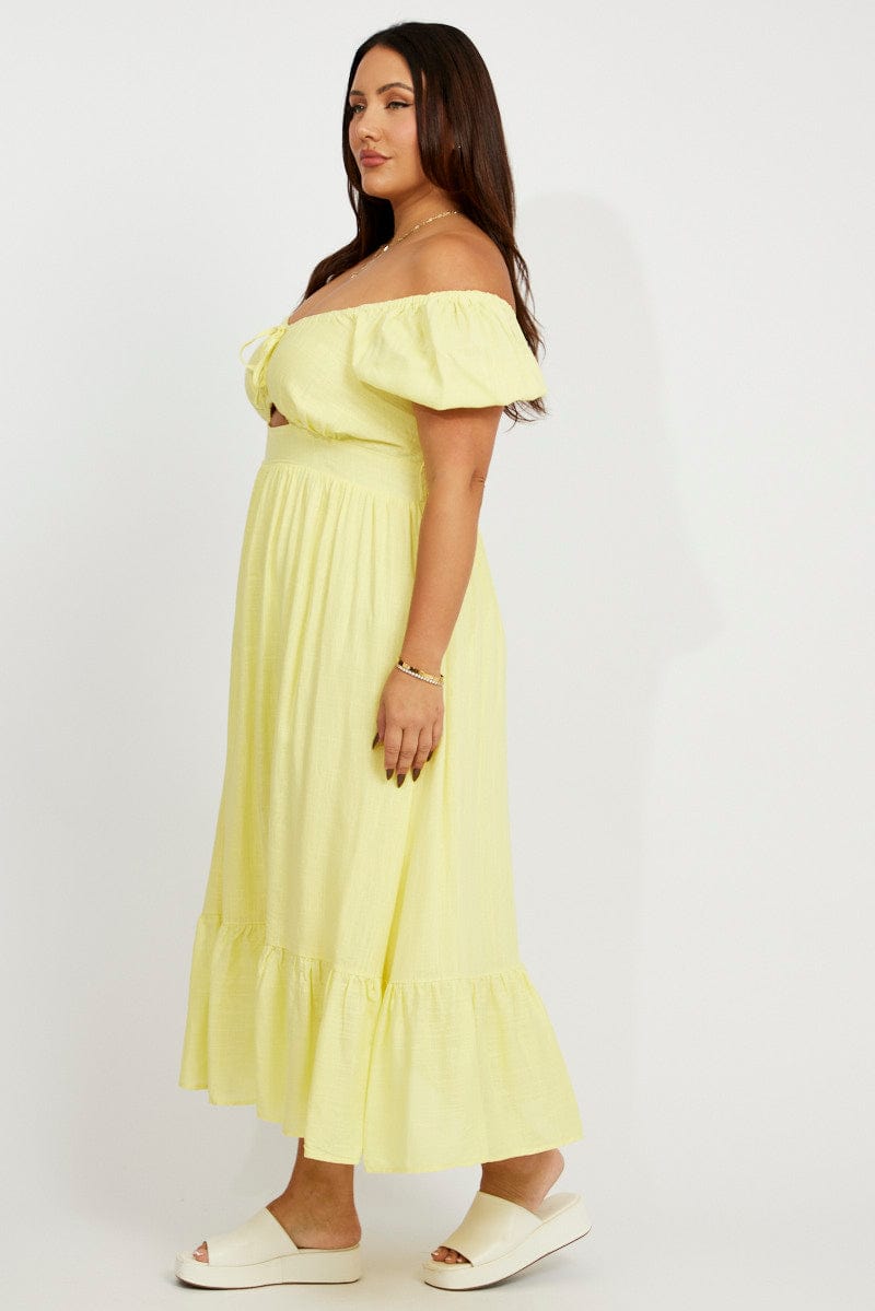 Yellow Midi Dress Short Sleeve Ruched Bust for YouandAll Fashion