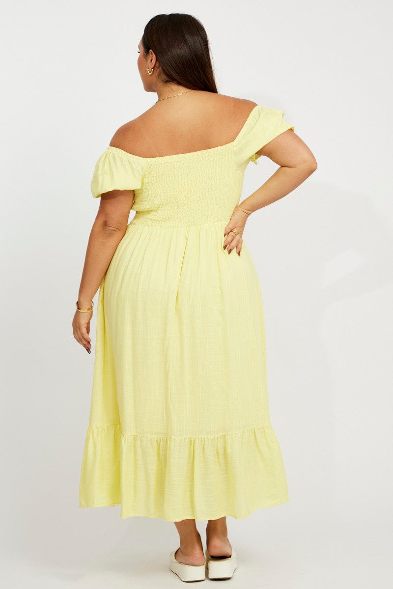 Yellow Midi Dress Short Sleeve Ruched Bust for YouandAll Fashion