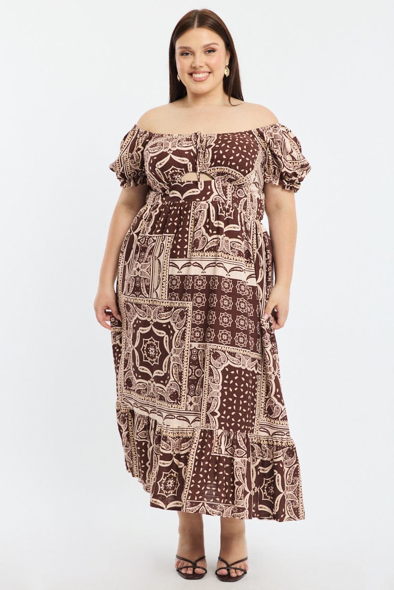 Brown Boho Midi Dress Short Sleeve Cut Out Linen Blend for YouandAll Fashion