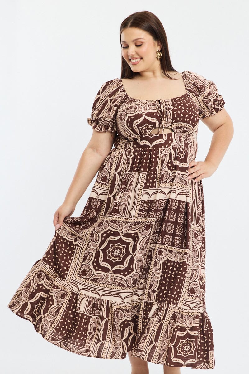Brown Boho Midi Dress Short Sleeve Cut Out Linen Blend