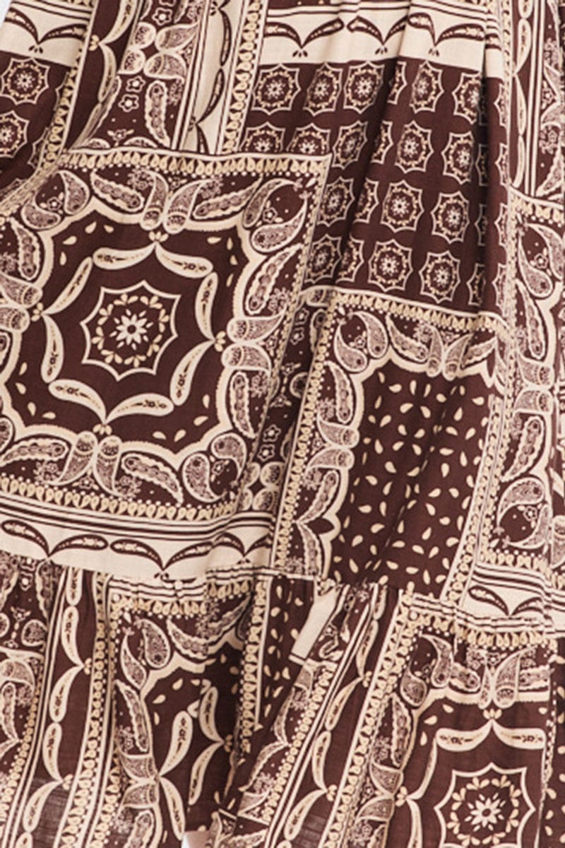 Brown Boho Midi Dress Short Sleeve Cut Out Linen Blend for YouandAll Fashion