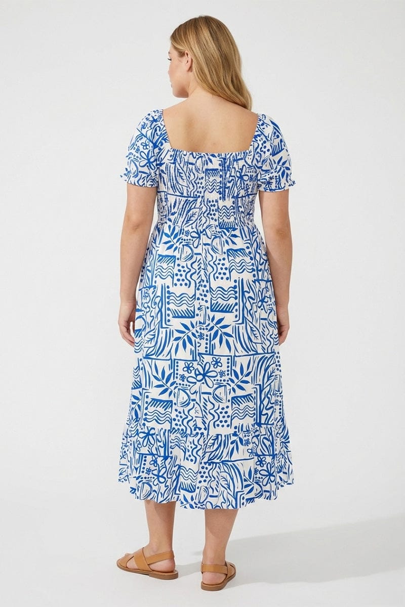 Blue Abstract Midi Dress Short Sleeve Cut Out Linen Blend for YouandAll Fashion