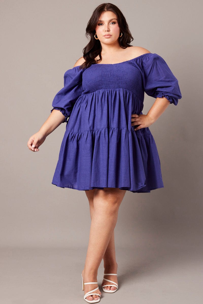 Blue Shirred Tier Cotton Mini Dress for YouandAll Fashion