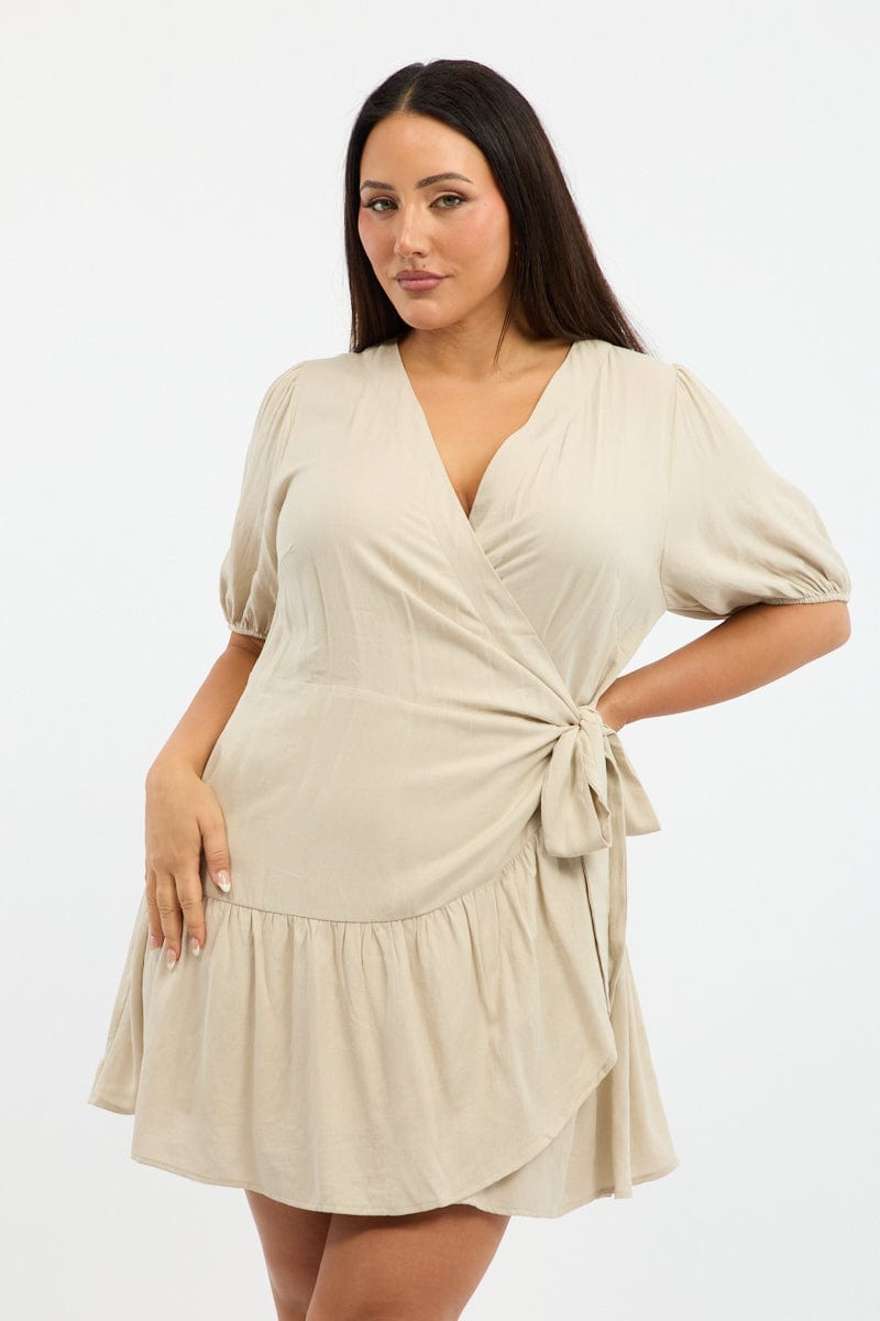 Beige Wrap Frill Hem Dress for YouandAll Fashion