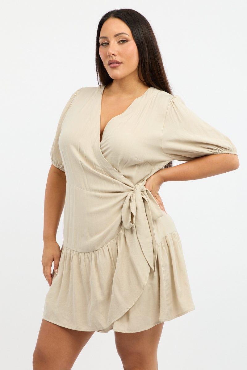 Beige Wrap Frill Hem Dress for YouandAll Fashion