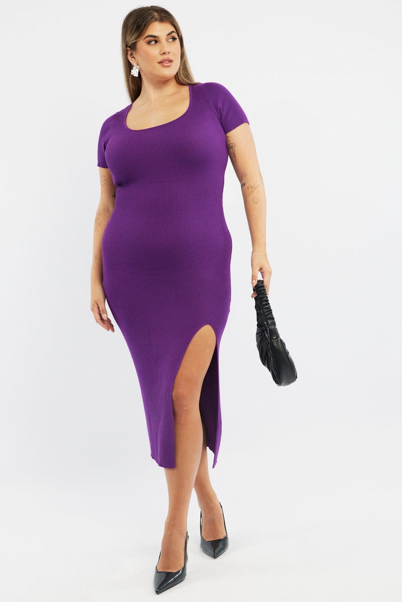 Purple Knit Dress Short Sleeve Midi for YouandAll Fashion