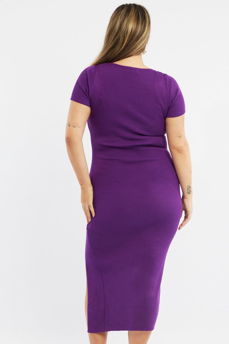 Purple Knit Dress Short Sleeve Midi for YouandAll Fashion