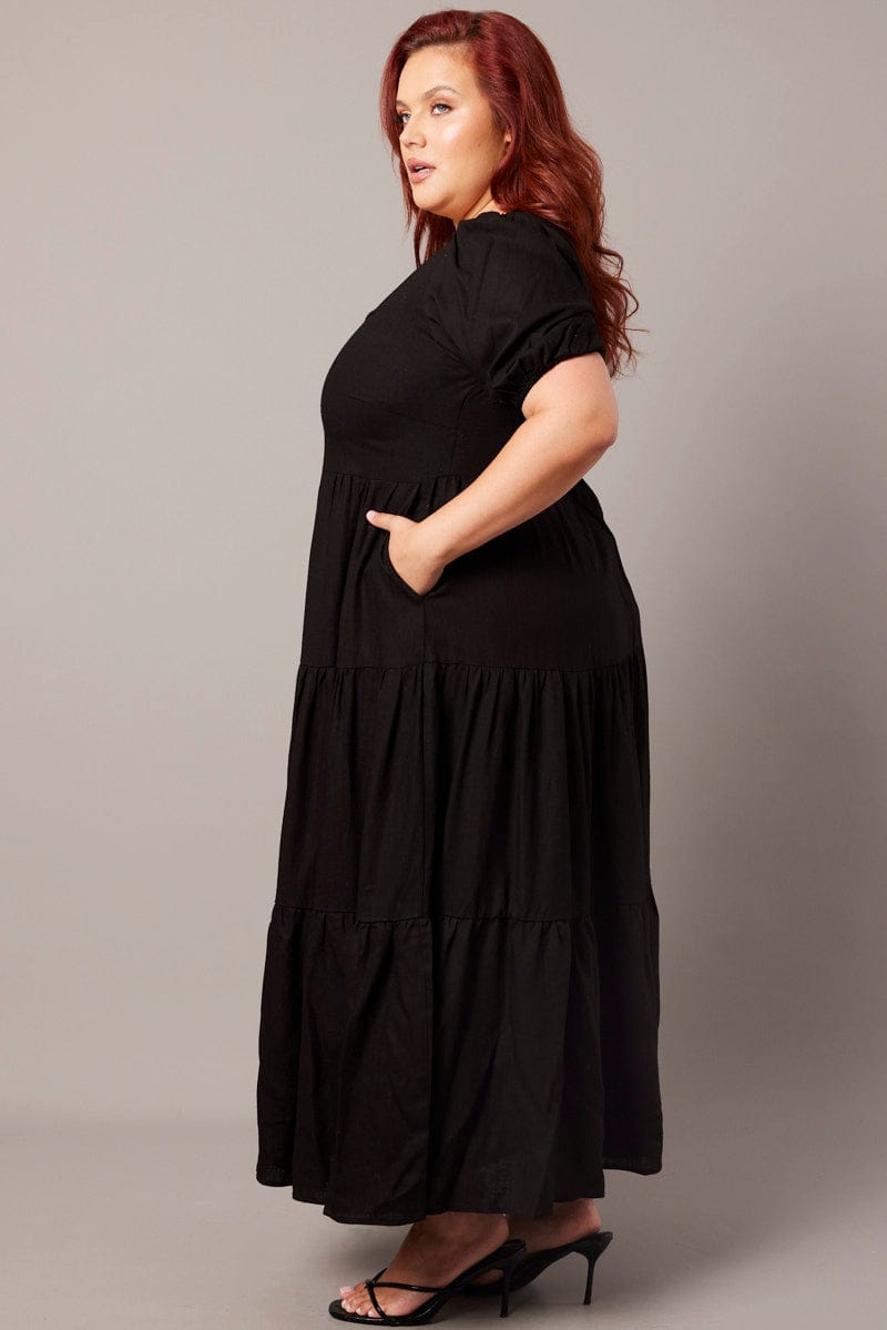 Black Scoop Neck Linen Maxidress With Pockets for YouandAll Fashion