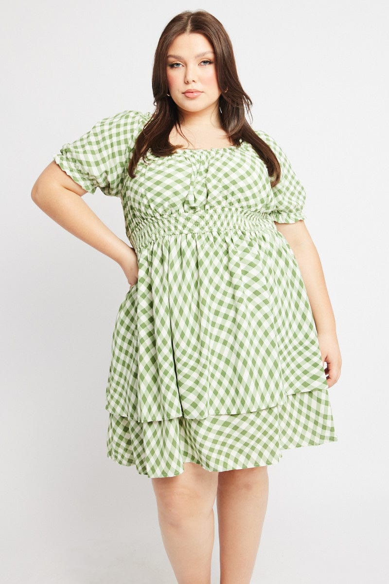 Green Check Shirred Waist Scoop Neck Minidress for YouandAll Fashion