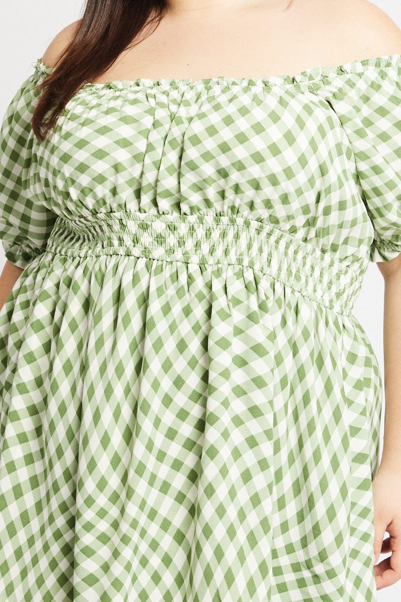 Green Check Shirred Waist Scoop Neck Minidress for YouandAll Fashion