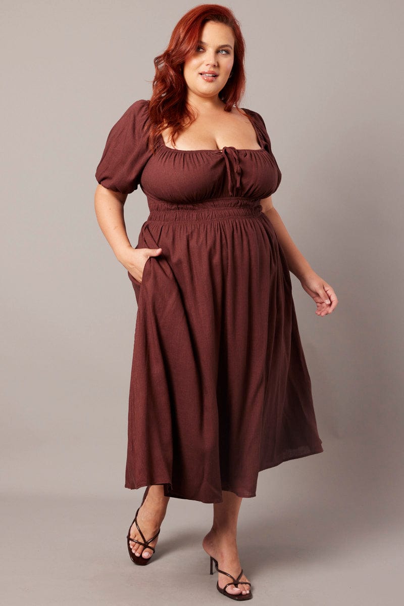 Brown Midi Dress Short Sleeve Ruched Bust Linen Blend for YouandAll Fashion