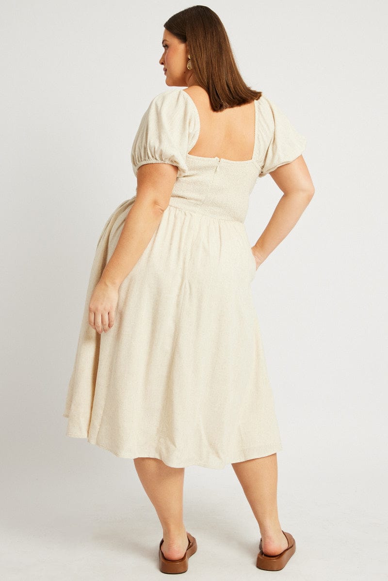 Beige Midi Dress Short Sleeve Ruched for YouandAll Fashion