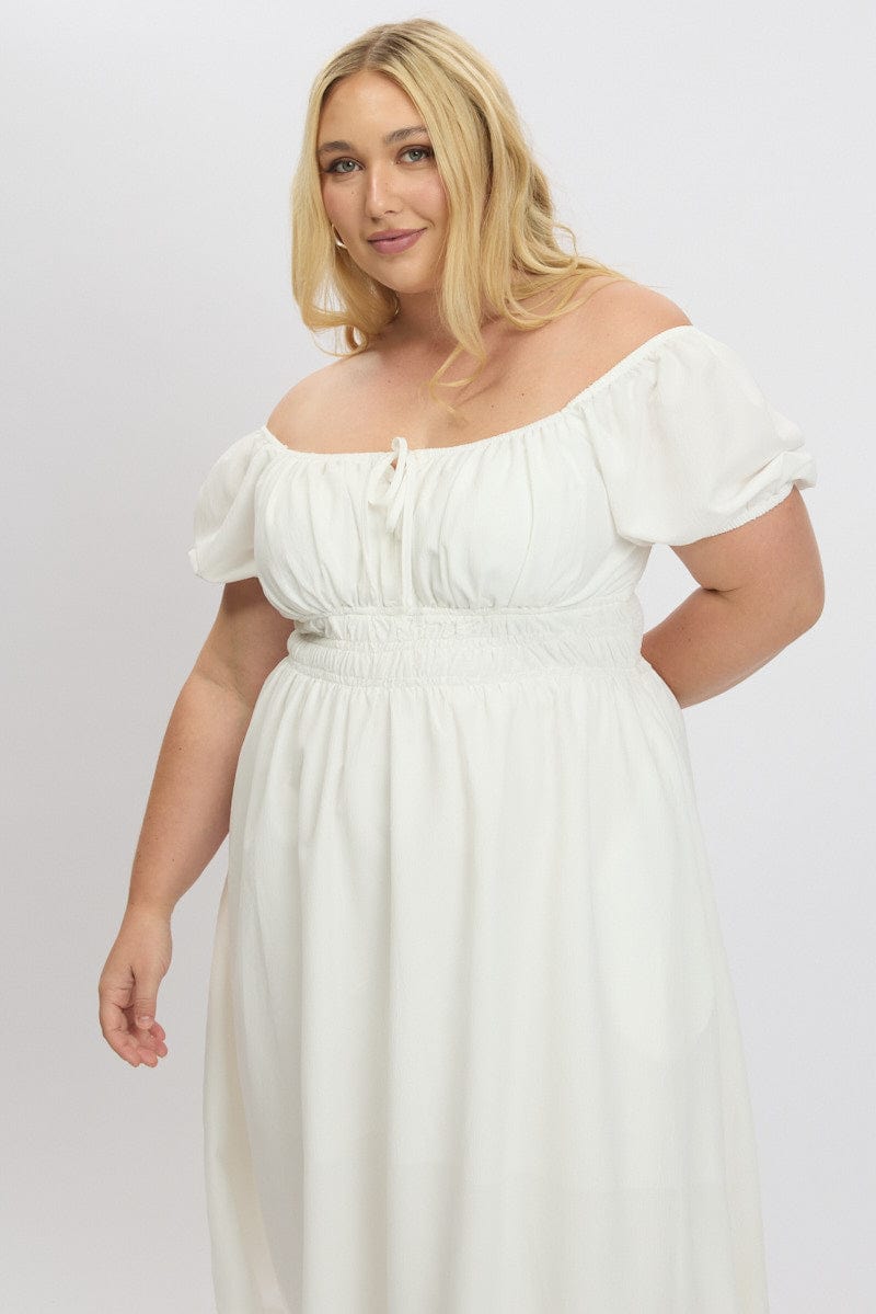 White Midi Dress Short Sleeve Ruched Bust for YouandAll Fashion