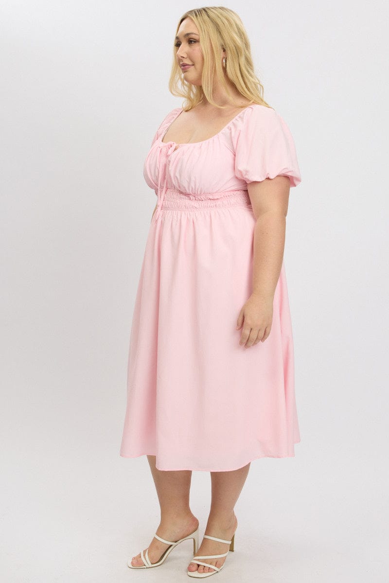 Pink Midi Dress Short Sleeve Ruched Bust for YouandAll Fashion