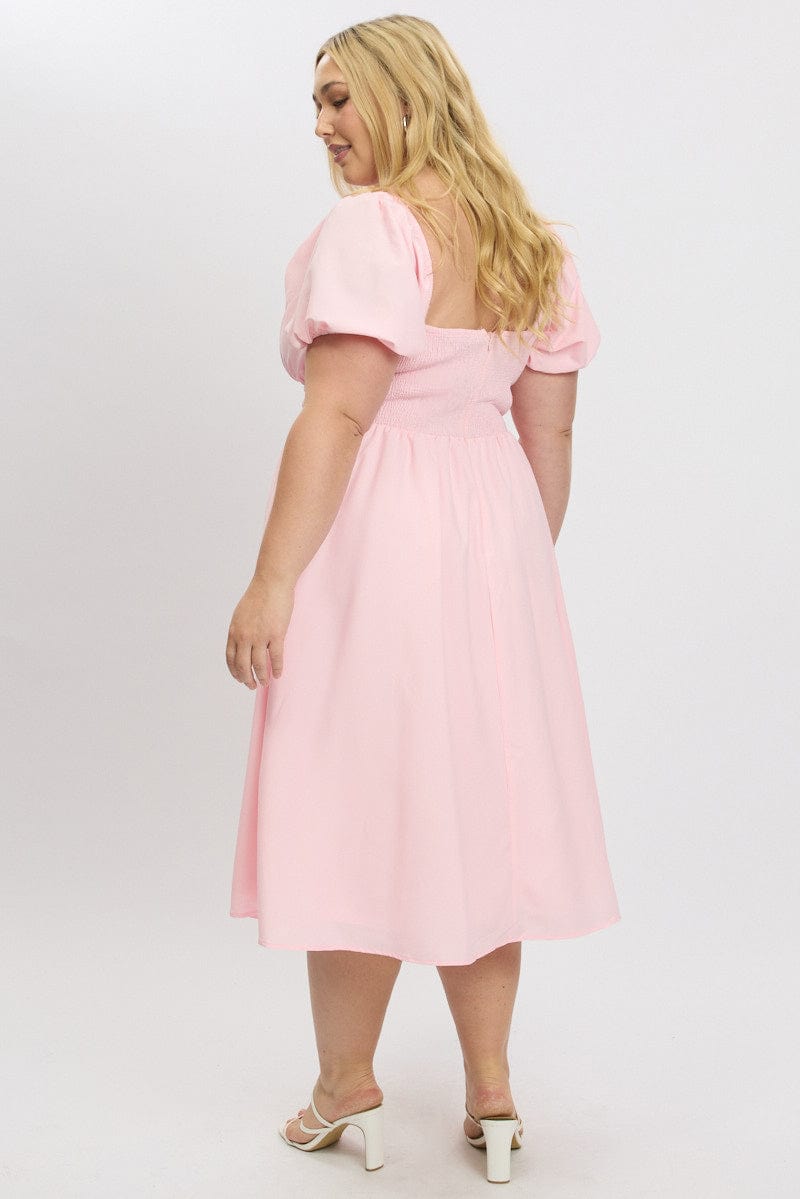 Pink Midi Dress Short Sleeve Ruched Bust for YouandAll Fashion