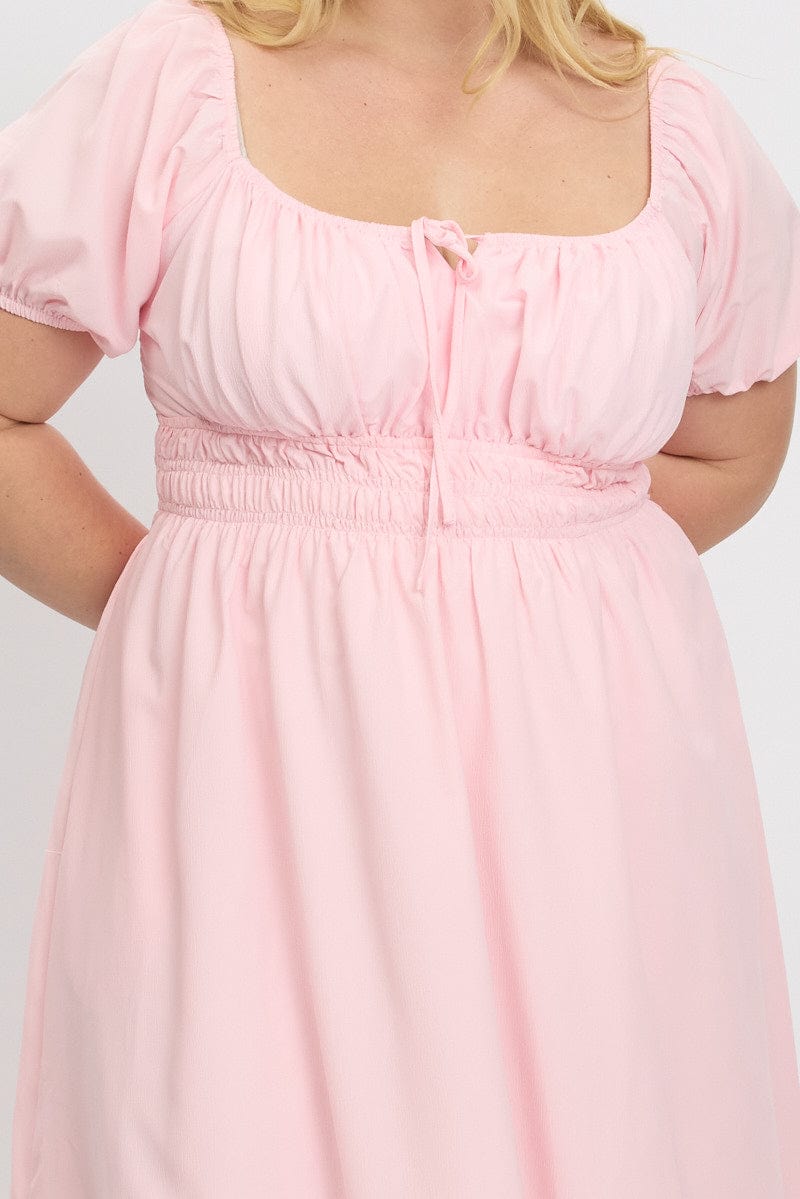 Pink Midi Dress Short Sleeve Ruched Bust for YouandAll Fashion