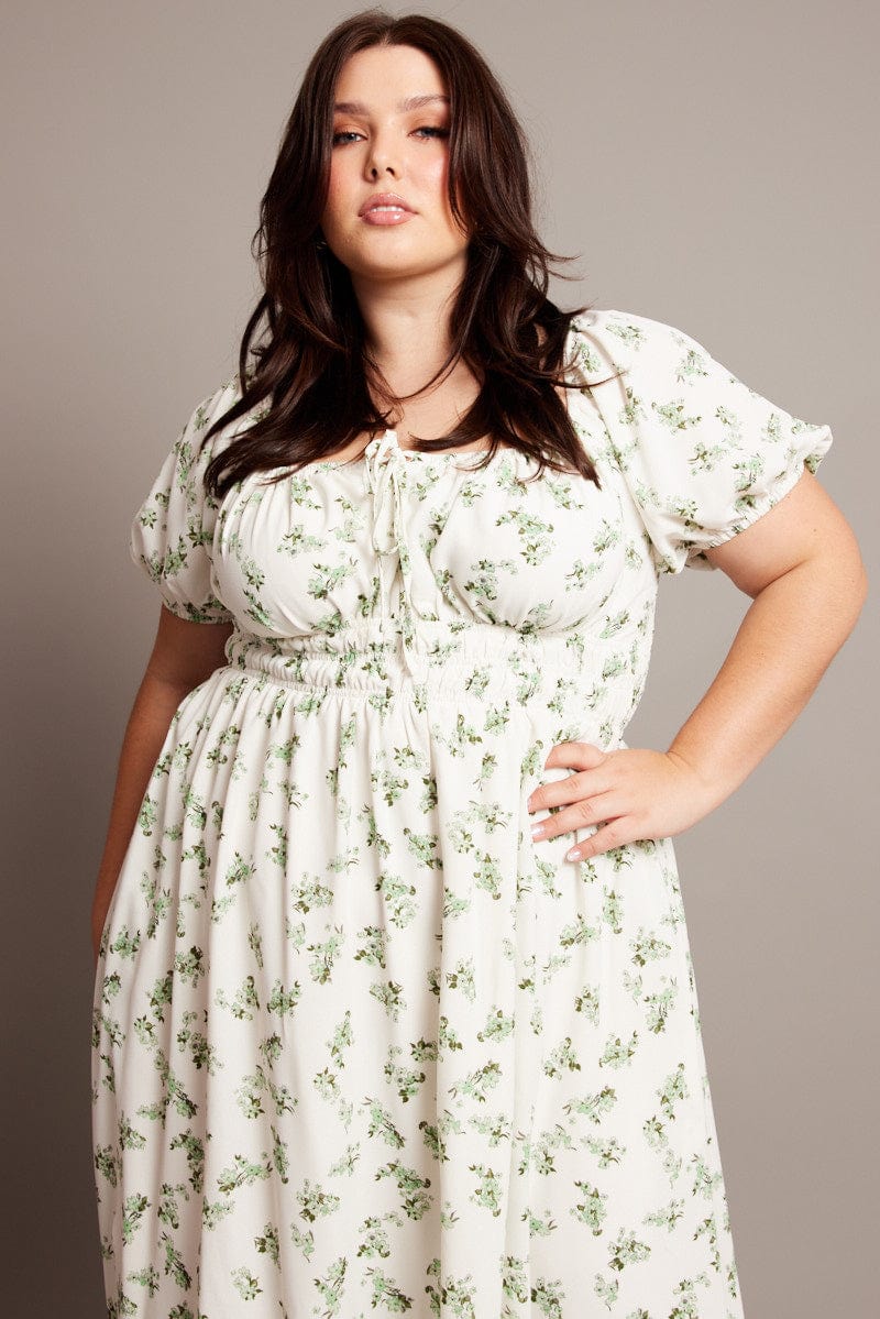 Green Ditsy Midi Dress Short Sleeve Ruched Bust You All