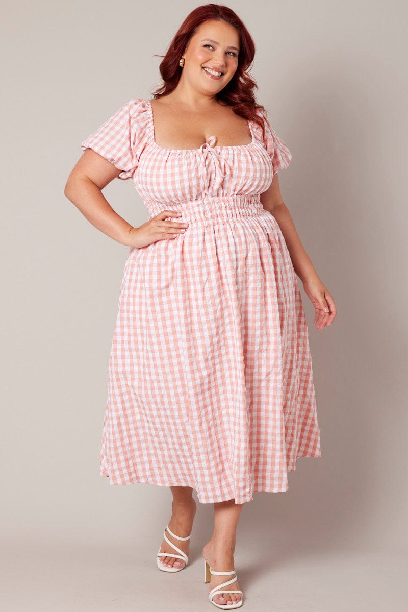 Pink Check Midi Dress Short Sleeve Ruched Bust for YouandAll Fashion