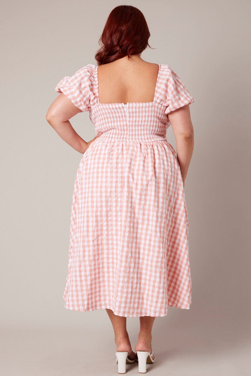 Pink Check Midi Dress Short Sleeve Ruched Bust for YouandAll Fashion