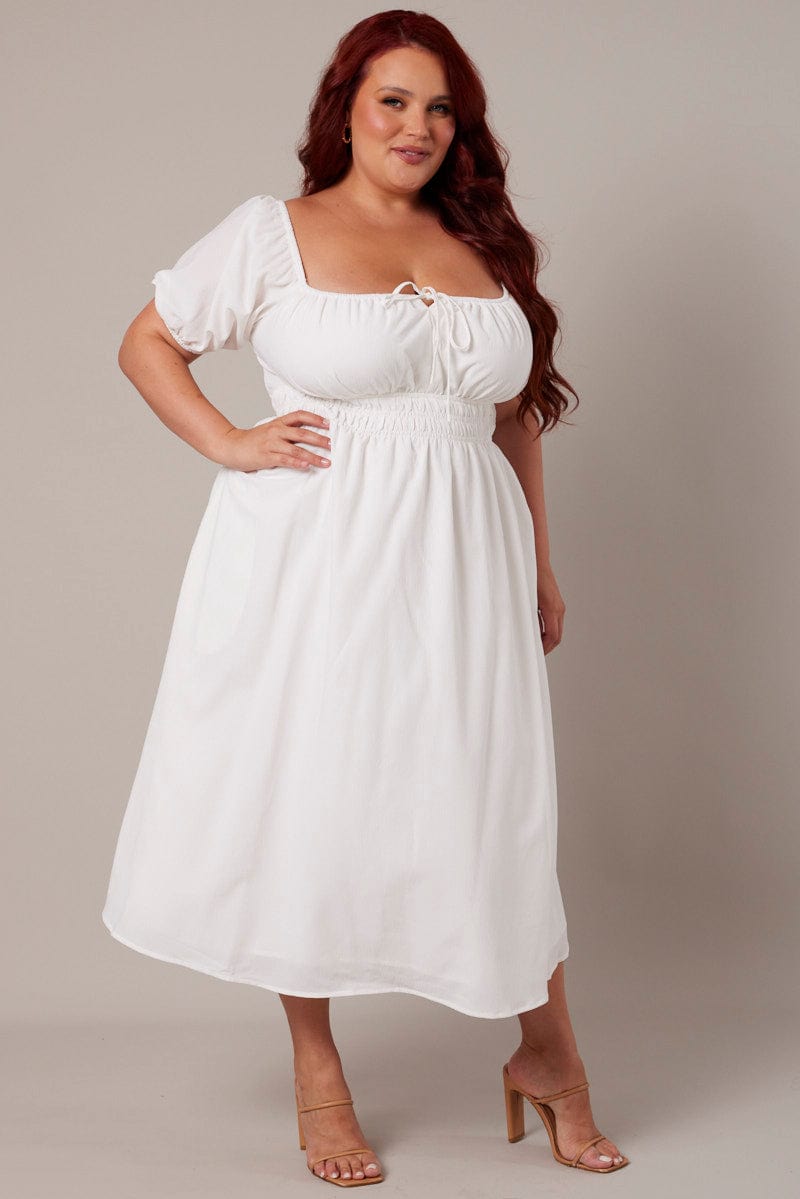 White Midi Dress Short Sleeve Ruched Bust for YouandAll Fashion