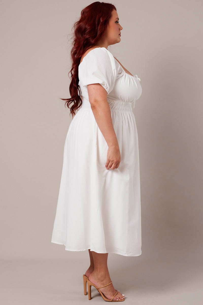 White Midi Dress Short Sleeve Ruched Bust for YouandAll Fashion