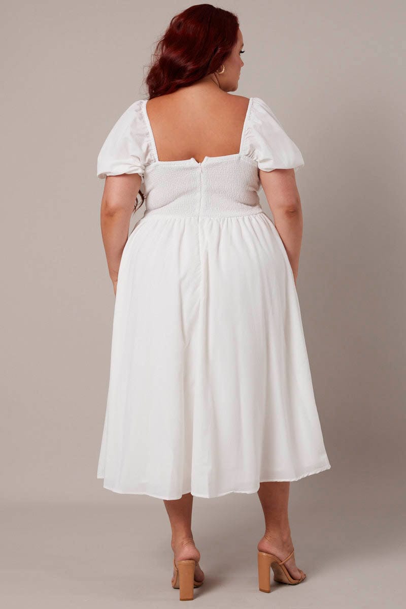 White Midi Dress Short Sleeve Ruched Bust for YouandAll Fashion