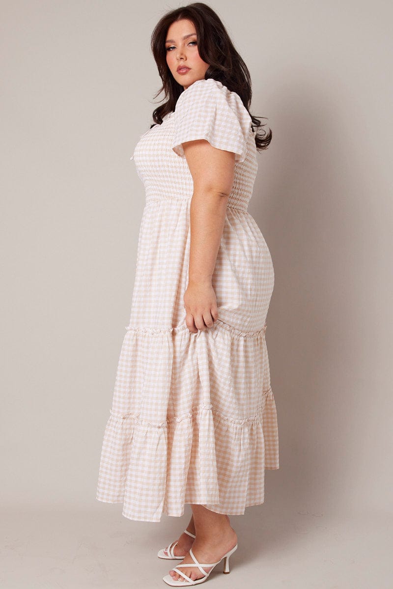 Beige Check Maxi Dress Short Sleeve Shirred Bust for YouandAll Fashion