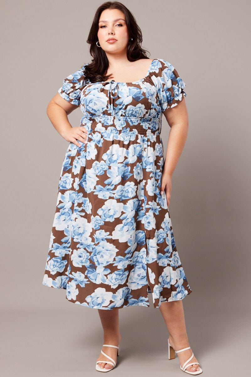 Brown Floral Midi Dress Short Sleeve Ruched Bust for YouandAll Fashion