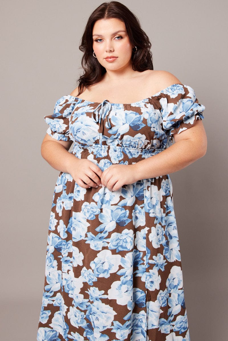Brown Floral Midi Dress Short Sleeve Ruched Bust for YouandAll Fashion