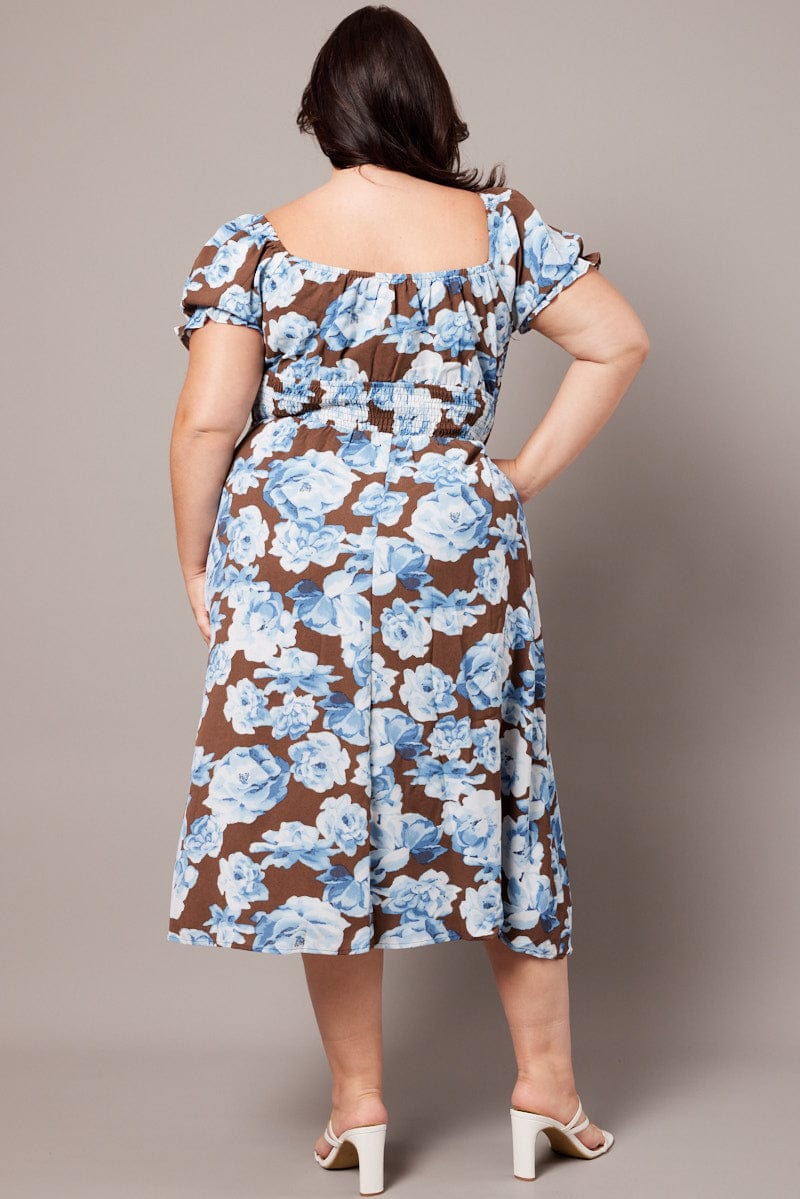 Brown Floral Midi Dress Short Sleeve Ruched Bust for YouandAll Fashion