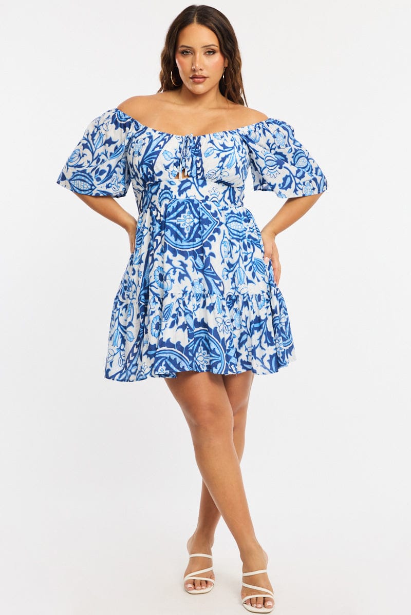 Blue Abstract Skater Dress Short Sleeve Cut Out for YouandAll Fashion
