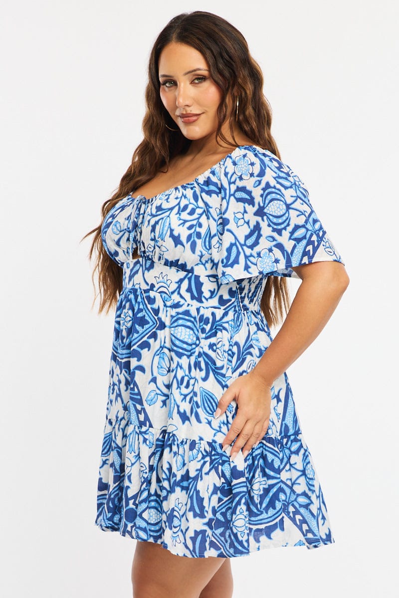 Blue Abstract Skater Dress Short Sleeve Cut Out for YouandAll Fashion