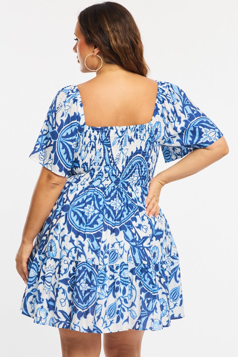 Blue Abstract Skater Dress Short Sleeve Cut Out for YouandAll Fashion