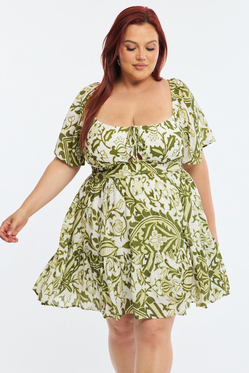 Green Abstract Skater Dress Short Sleeve for YouandAll Fashion