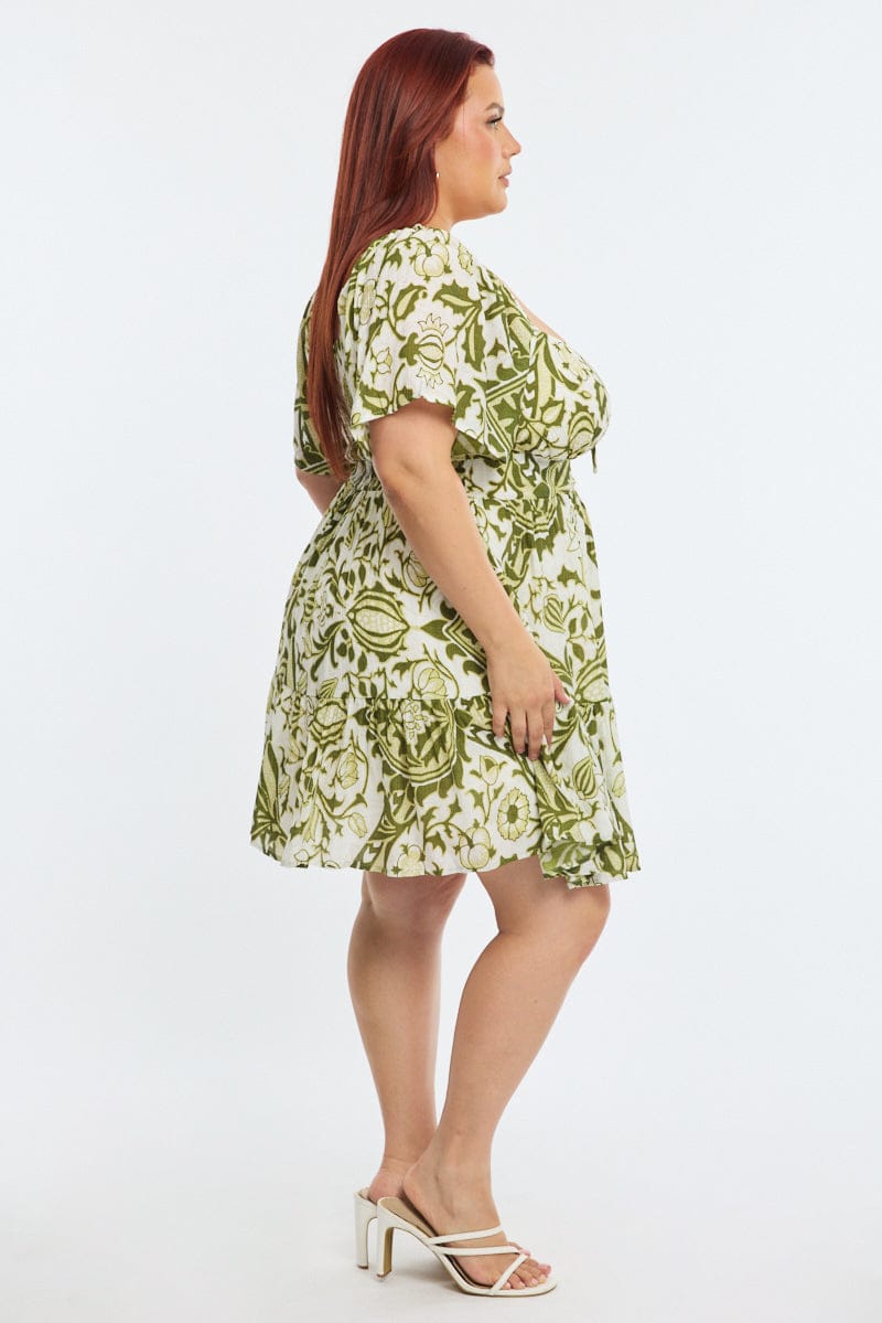 Green Abstract Skater Dress Short Sleeve for YouandAll Fashion
