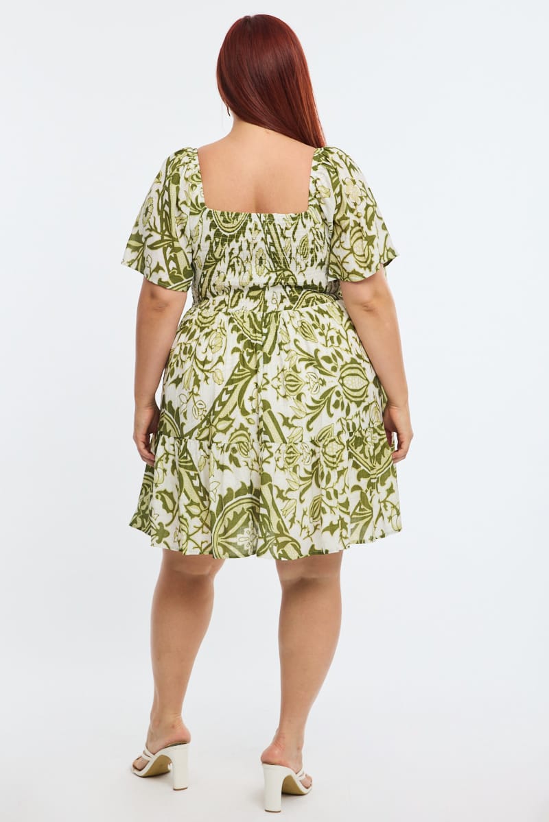 Green Abstract Skater Dress Short Sleeve for YouandAll Fashion