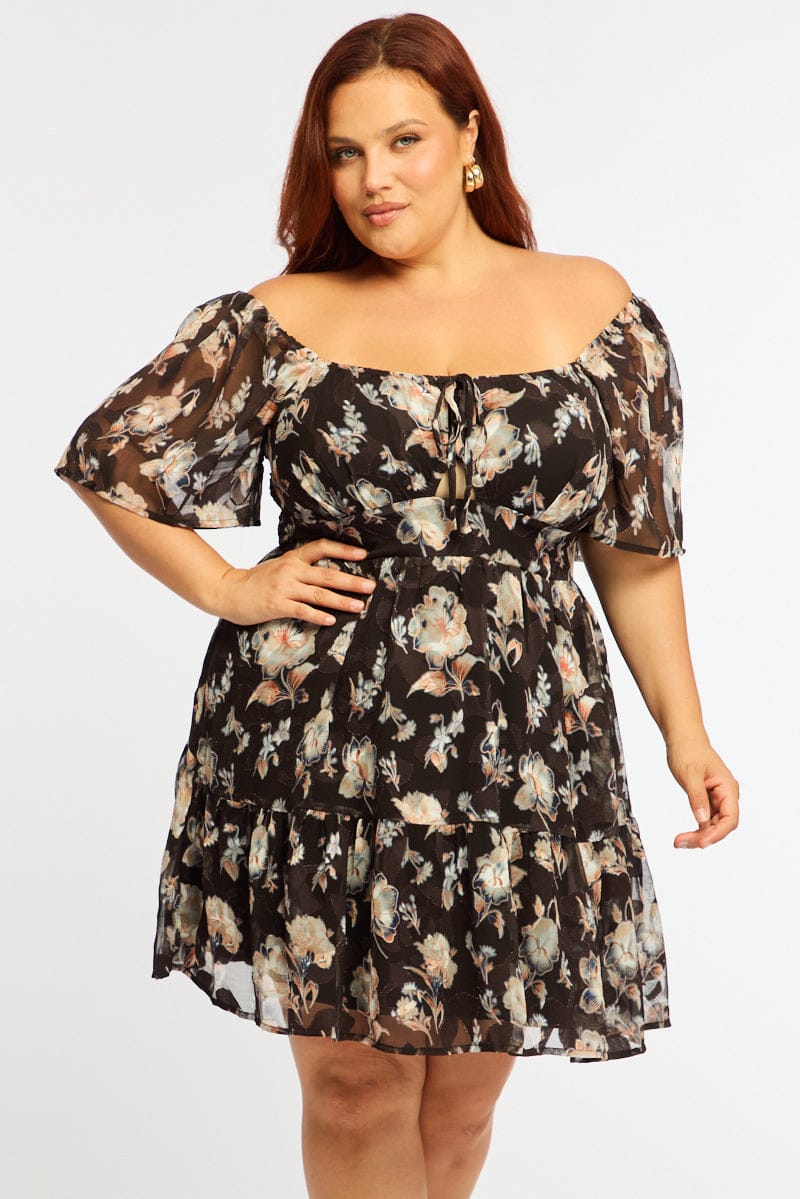 Black Floral Skater Dress Short Sleeve Ruched Bust for YouandAll Fashion