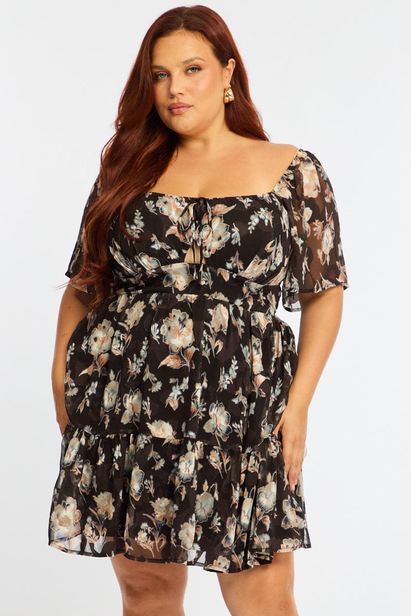 Black Floral Skater Dress Short Sleeve Ruched Bust for YouandAll Fashion