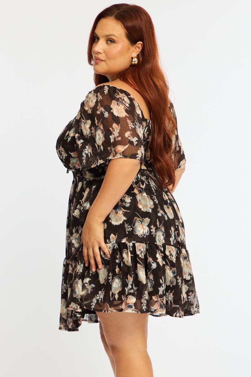 Black Floral Skater Dress Short Sleeve Ruched Bust for YouandAll Fashion