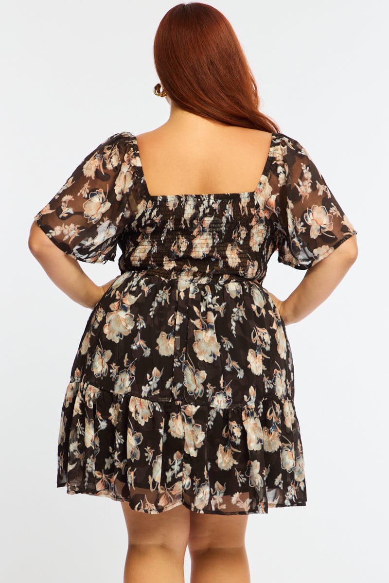 Black Floral Skater Dress Short Sleeve Ruched Bust for YouandAll Fashion