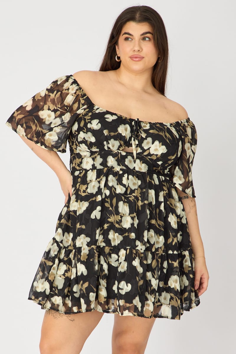 Black Floral Skater Dress Short Sleeve Cut Out for YouandAll Fashion