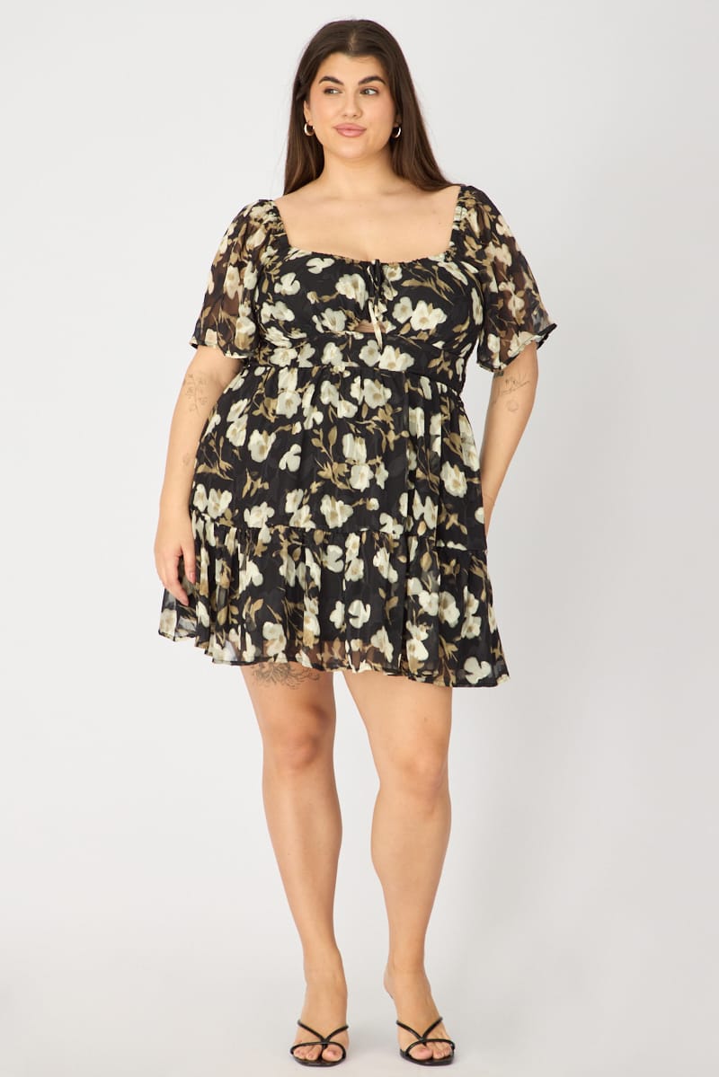 Black Floral Skater Dress Short Sleeve Cut Out for YouandAll Fashion