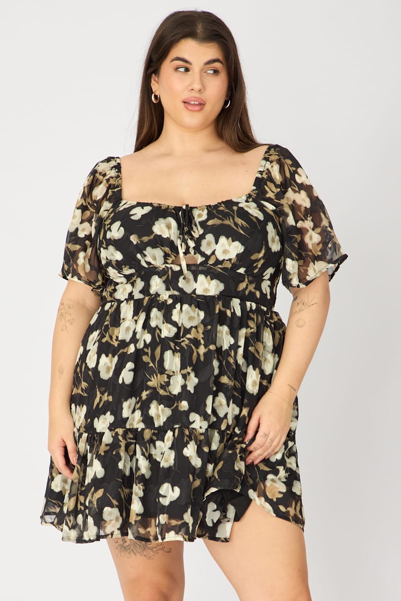 Black Floral Skater Dress Short Sleeve Cut Out for YouandAll Fashion