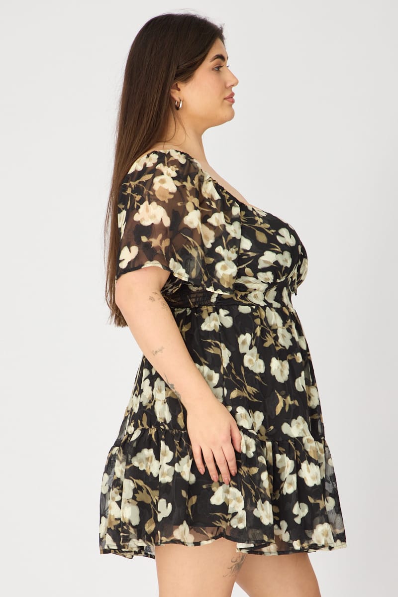 Black Floral Skater Dress Short Sleeve Cut Out for YouandAll Fashion